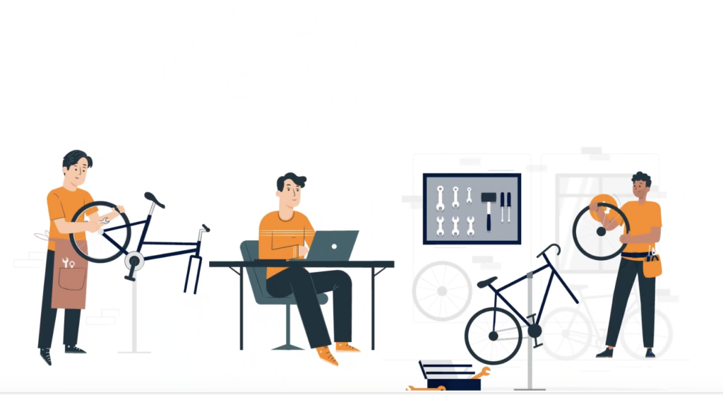 animation of coworkers working on bicycles at manufacturing company